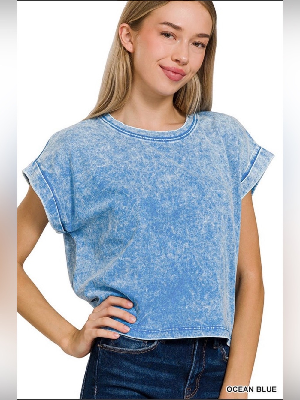 Ocean Blue Mineral Wash Crop Tee